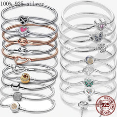 Gem Color: Middle Brown, Length: 17cm - 925 Silver Heart Snake Chain Bracelet For Women Infinite Knot Butterfly Infinity Clasp Femme Bracelet Bangles Jewelry Gift