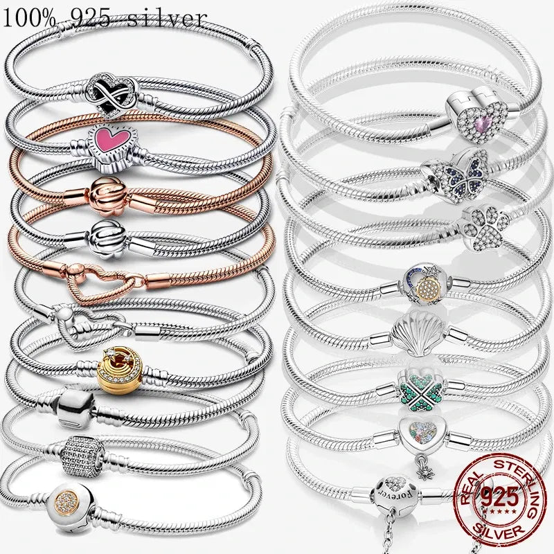 Gem Color: ROYAL BLUE, Length: 17cm - 925 Silver Heart Snake Chain Bracelet For Women Infinite Knot Butterfly Infinity Clasp Femme Bracelet Bangles Jewelry Gift