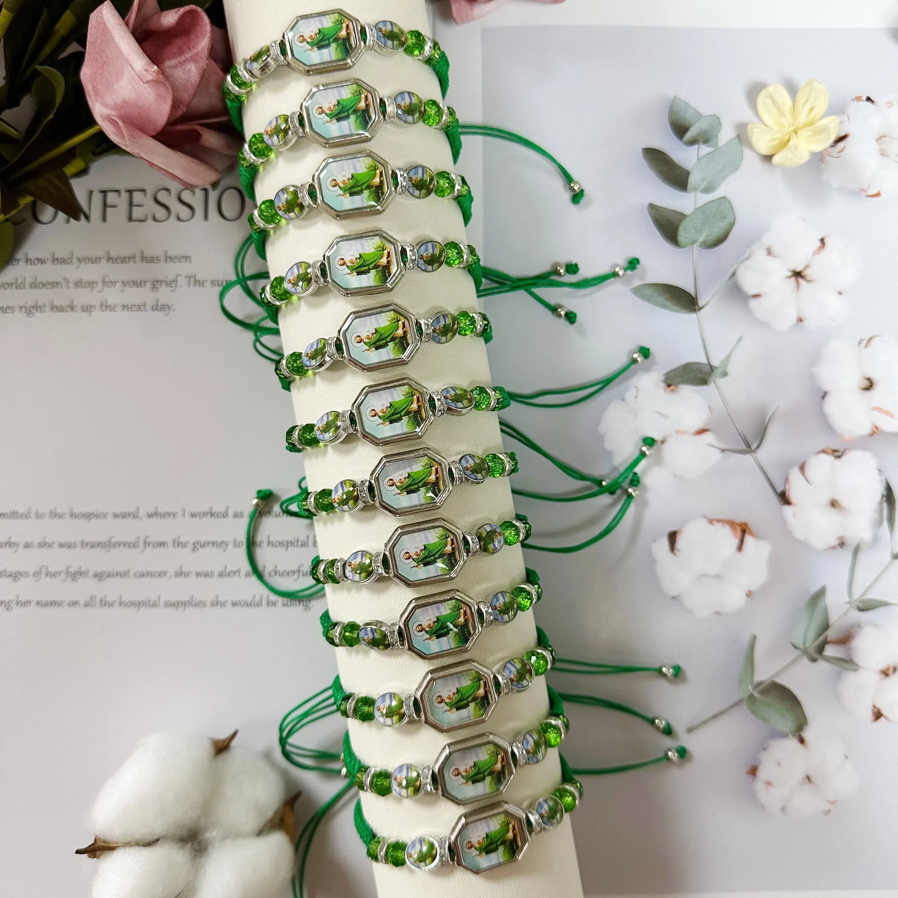 Metal Color: Vermeil - 12 Pieces Mexican Bracelets Saint Jude Bracelet Catholic Green Handmade String Bracelets San Judas Tadeo Rosary Bracelet Gift