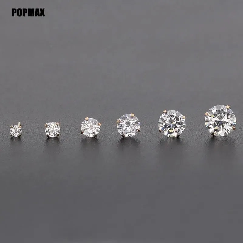 Metal Color: Gold-color, Main Stone Color: GRAY - POPMAX 1Pairs/2Pcs Stainless Steel Crystal Studs Earrings For Women Men 4 Prong Tragus Round Clear Cubic Zirconia Ear Jewelry
