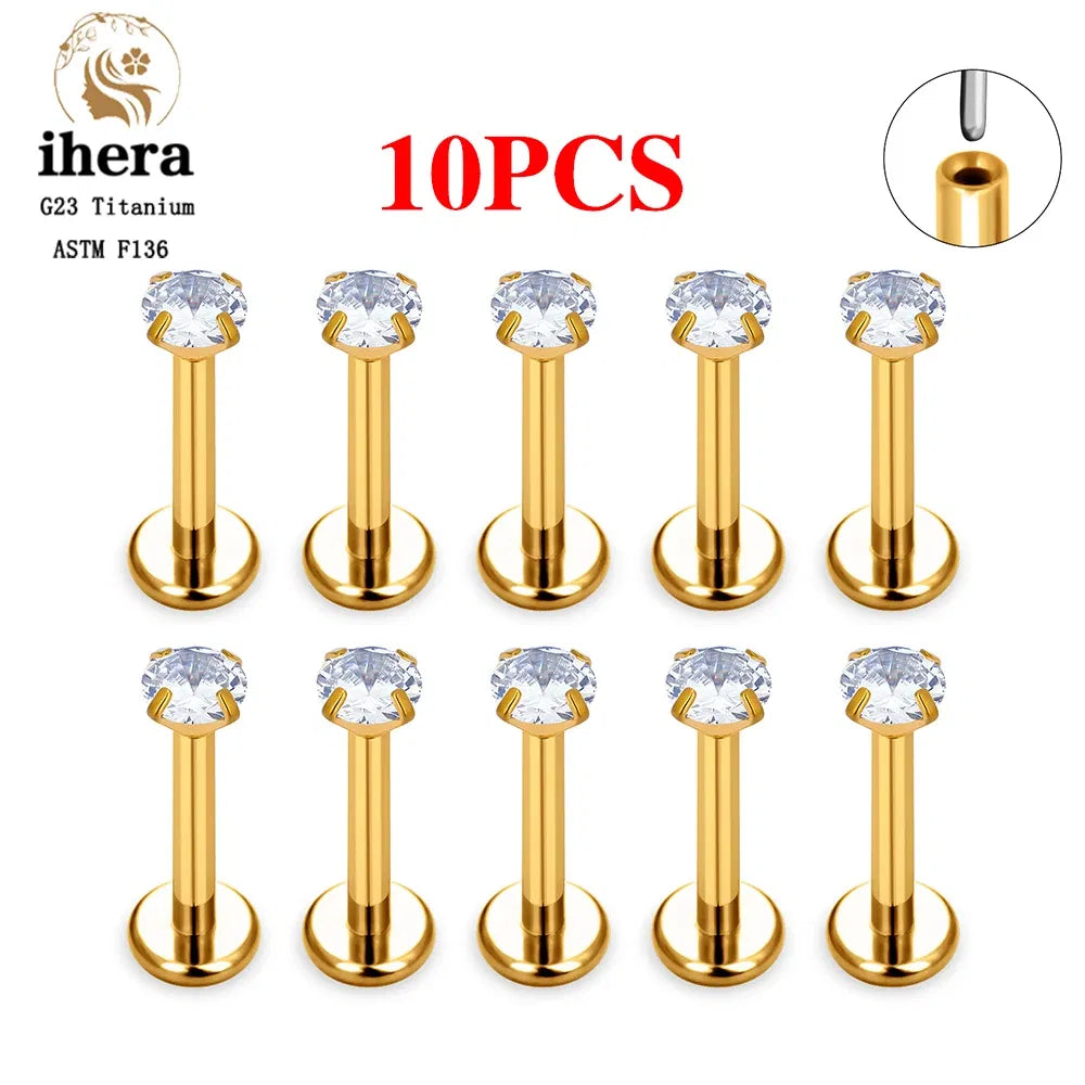 Metal color: Light Yellow Color, Ships From: CHINA, Main Stone Color: Pink - 10PCS G23 Titanium Lip Ring Labret Piercing Stud Earring CZ 16/18/20G Push Pin Ear Tragus Cartilage Helix Conch Pierc?Jewelry