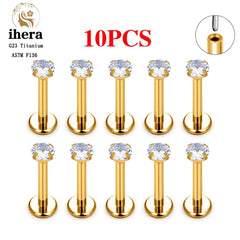 Metal color: Light Yellow Color, Ships From: CHINA, Main Stone Color: Silver - 10PCS G23 Titanium Lip Ring Labret Piercing Stud Earring CZ 16/18/20G Push Pin Ear Tragus Cartilage Helix Conch Pierc?Jewelry