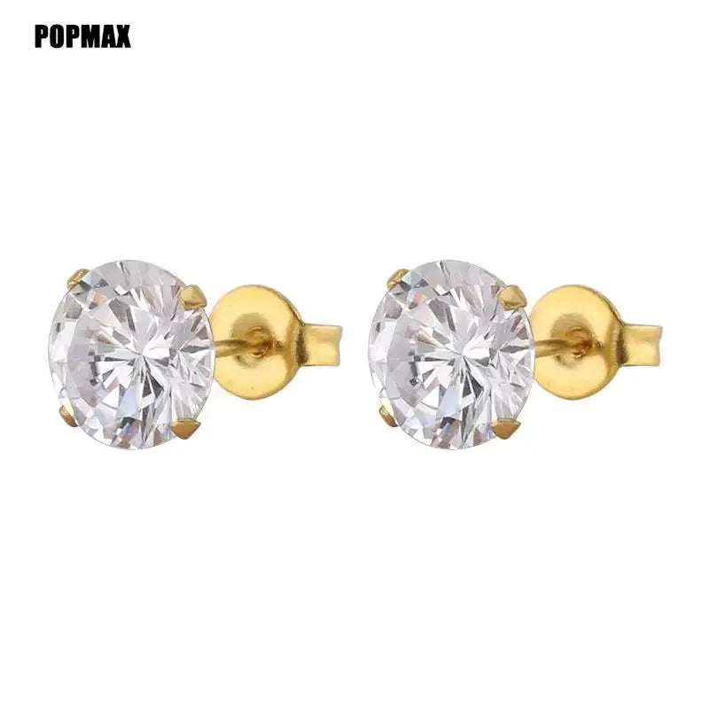 Metal Color: Gold-color, Main Stone Color: GRAY - POPMAX 1Pairs/2Pcs Stainless Steel Crystal Studs Earrings For Women Men 4 Prong Tragus Round Clear Cubic Zirconia Ear Jewelry