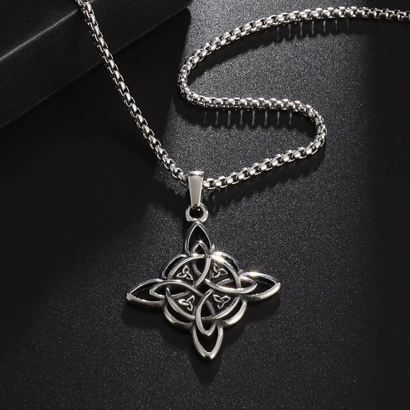 Metal color: Silver - Vintage Witch Knot Necklace Stainless Steel Magic Knot Pagan Wicca Symbol Pendant for Men Women Celtic Knot Jewelry Gifts
