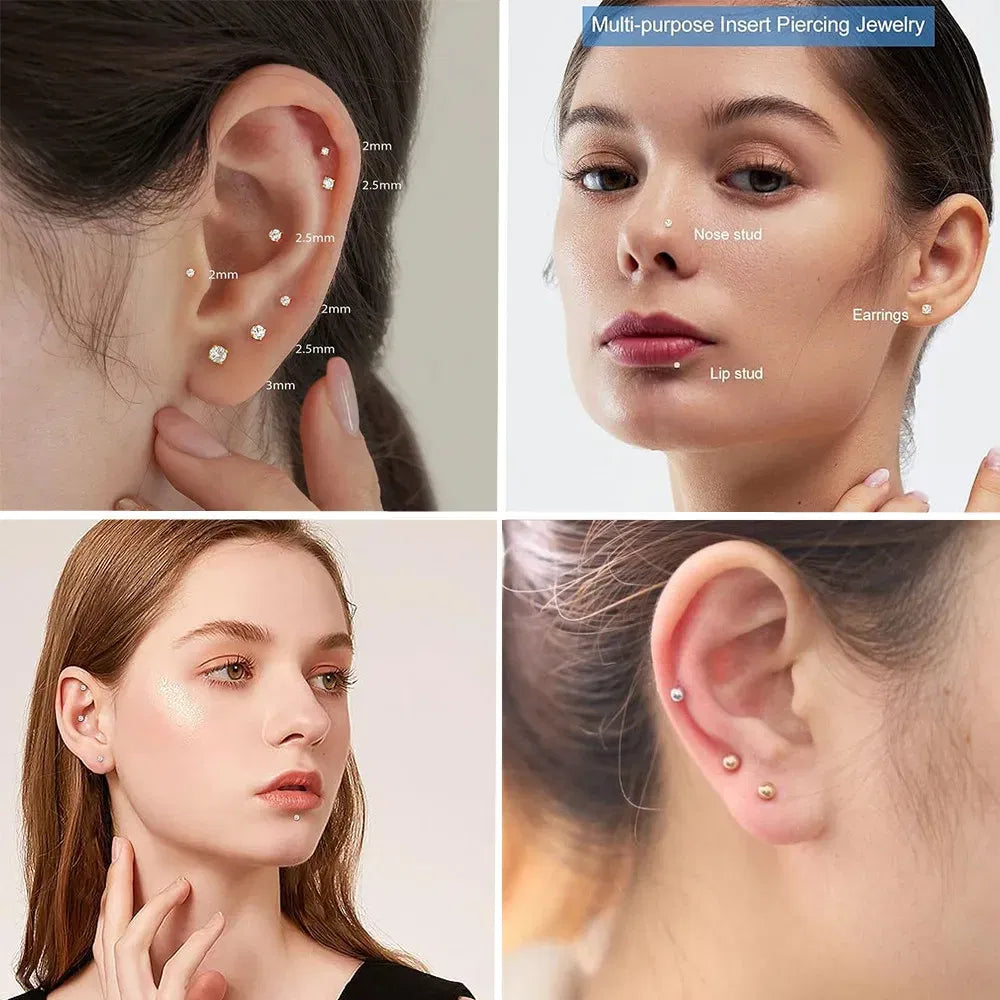 Piercing jewelry display with close-ups of ears and a woman's face.
