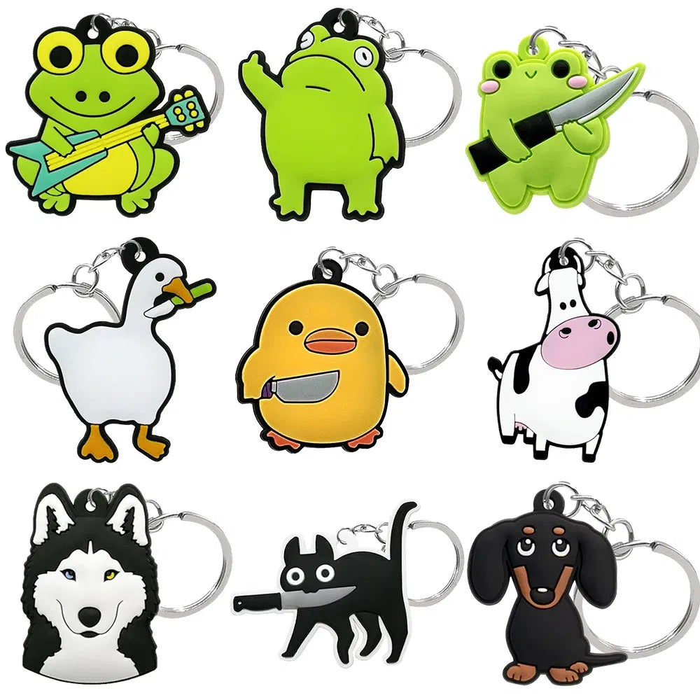 Color: Champagne - 1PCS Animal Keychains Cute Black Cat Dach Dog Funny Style Duck Keyring Keychain for Bag Car key Accessories Kids Favor Key Decor