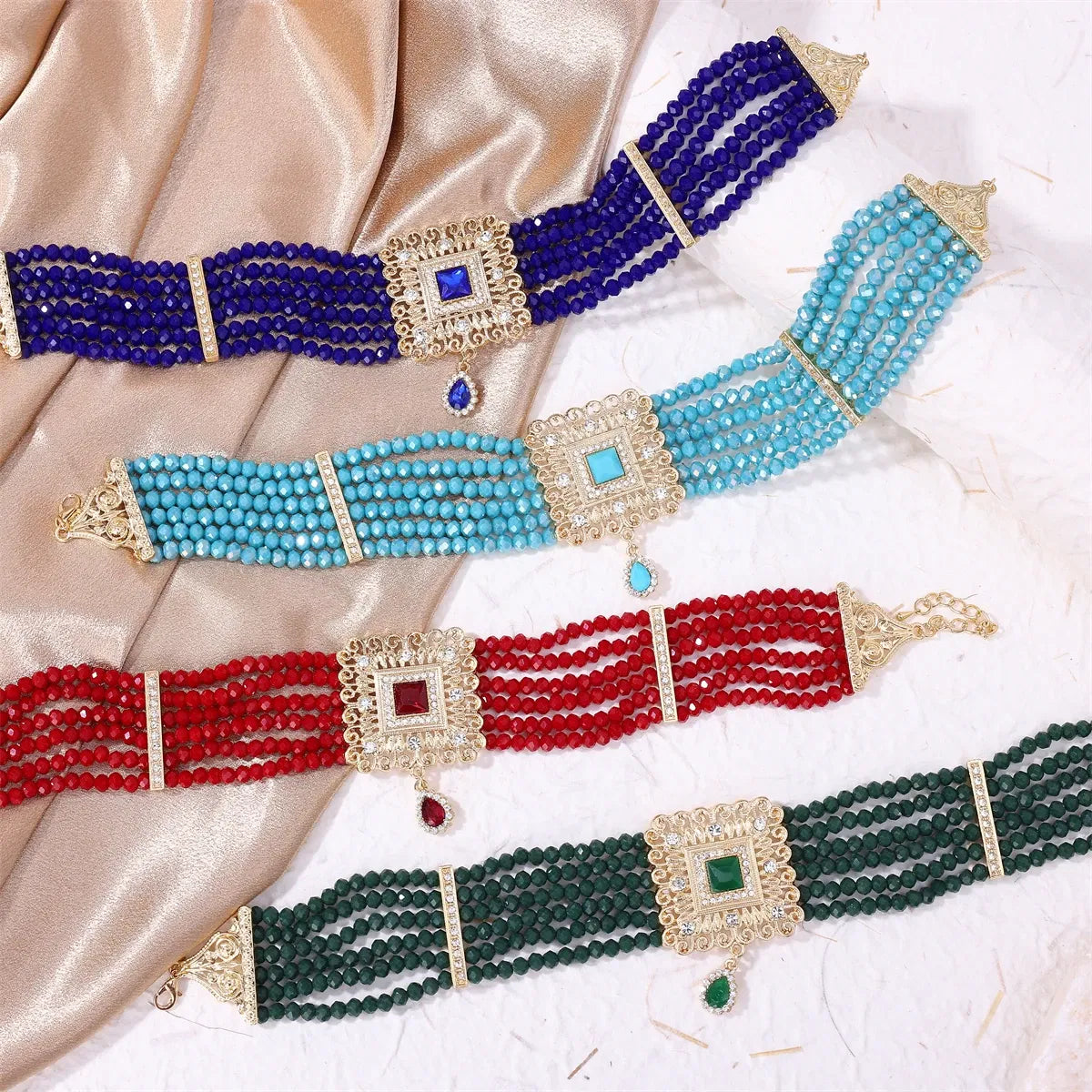 Metal color: Light Yellow Color - Hand Beaded Necklaces Water Drop Pendants Beaded Necklaces For Arab Brides
