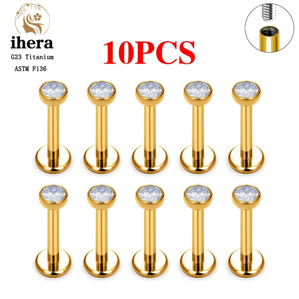 Metal color: SILVER PLATED, Ships From: CHINA, Main Stone Color: black - 10PCS G23 Titanium Labret Piercing Lip Ring 16G F136 Internal Thread Nose Stud Earring Tragus Helix Cartilage Piercing Jewelry