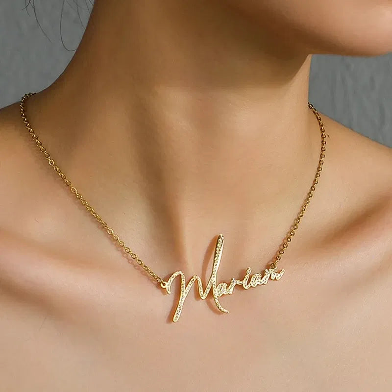 Metal Color: Gold-color, Length: 35cm - Auxauxme Custom Crystal Zircon Name Necklace for Women Stainless Steel Personalized Nameplate Golden Pendant Choker Jewelry Gift