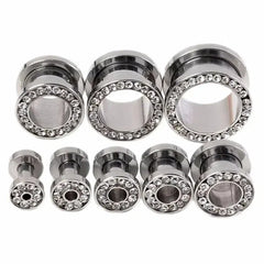 Metal color: Gold-color, Main Stone Color: Pink - 2pc Steel Multicolour Crystal Ear Plug Flesh Tunnel 8g ( 3mm ) - 1" ( 25mm ) Gauge Expander Stretcher Screw Fit