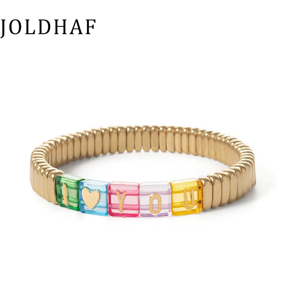 Metal Color: dark green, Ships From: CHINA - Wholesale Gold Silver Color Elastic Bracelets Handmade Letter Charms Bracelets For Women 2X8MM Beads Bracelets Bohemain Jewelry