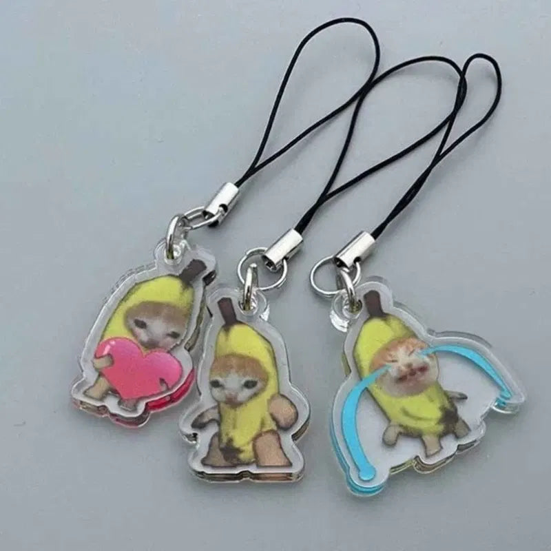 Color: WHITE - Banana Cat Keychain for Students Funny Pendant Lanyard Decorations Cat Charm Phone Chain Anti-lost Strap Decors
