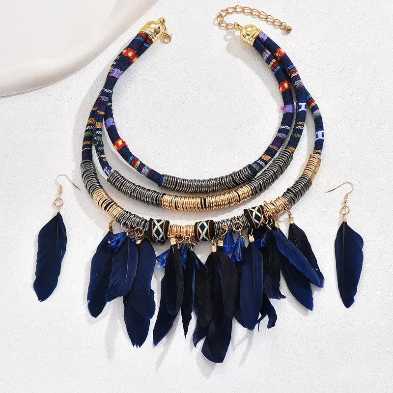 Metal color: Rhodium Plated - Fashion Vintage Ethnic Feather Choker Necklace Earrings Set For Women Multilayer Nekclace Earrings Jewelry Sets