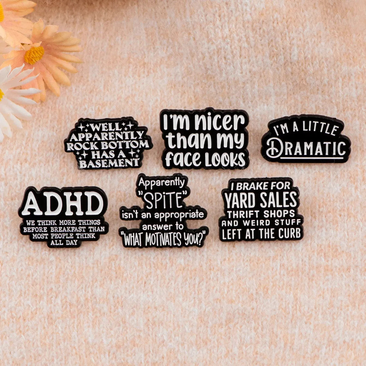 Metal color: SILVER PLATED - Funny Quotes Enamel Pin Black Brooch Pines Lapel Pins Letters Badge on Backpack Clothing Accessories Fashion Jewelry Gifts