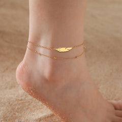 Metal Color: Titanium Plated - Kkjoy Ankles of Women Men Silver Color Feather Stainless Steel Double Foot Chain Beach Style Trendy Female Jewelry Accessories