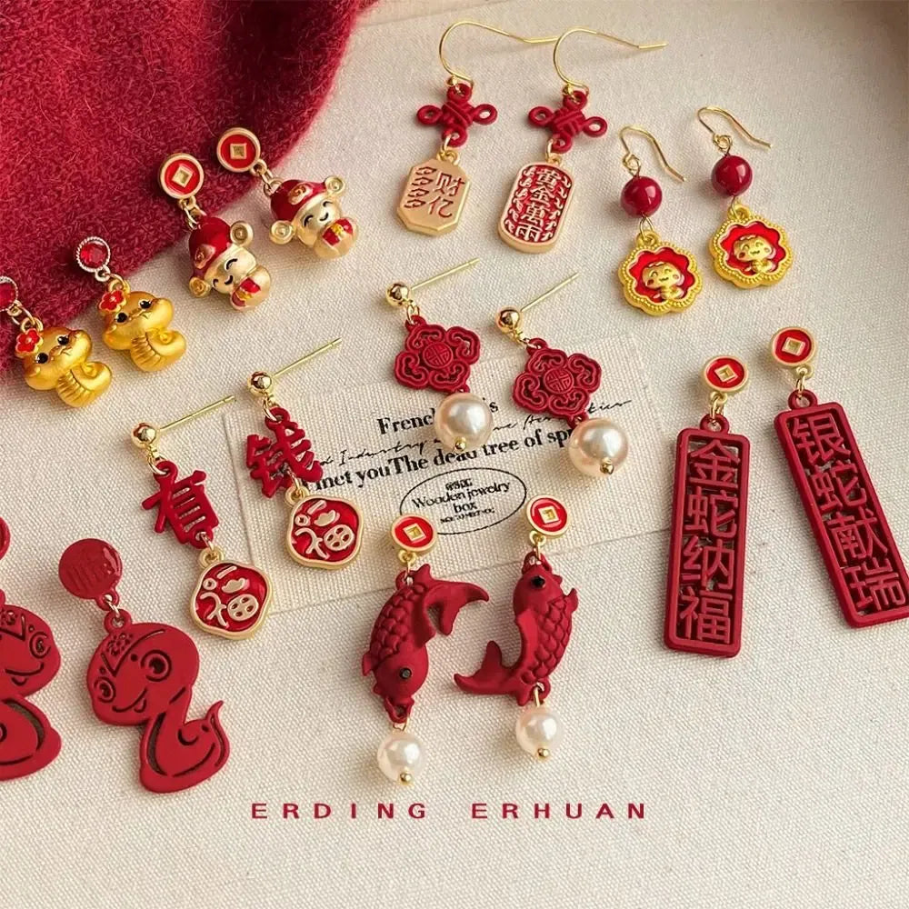 Metal Color: PALLADIUM - Chinese Style New Year Earrings Heart God of Wealth Snake Year Drop Earring Tassels Ear Decor 2025 Women Earrings Women
