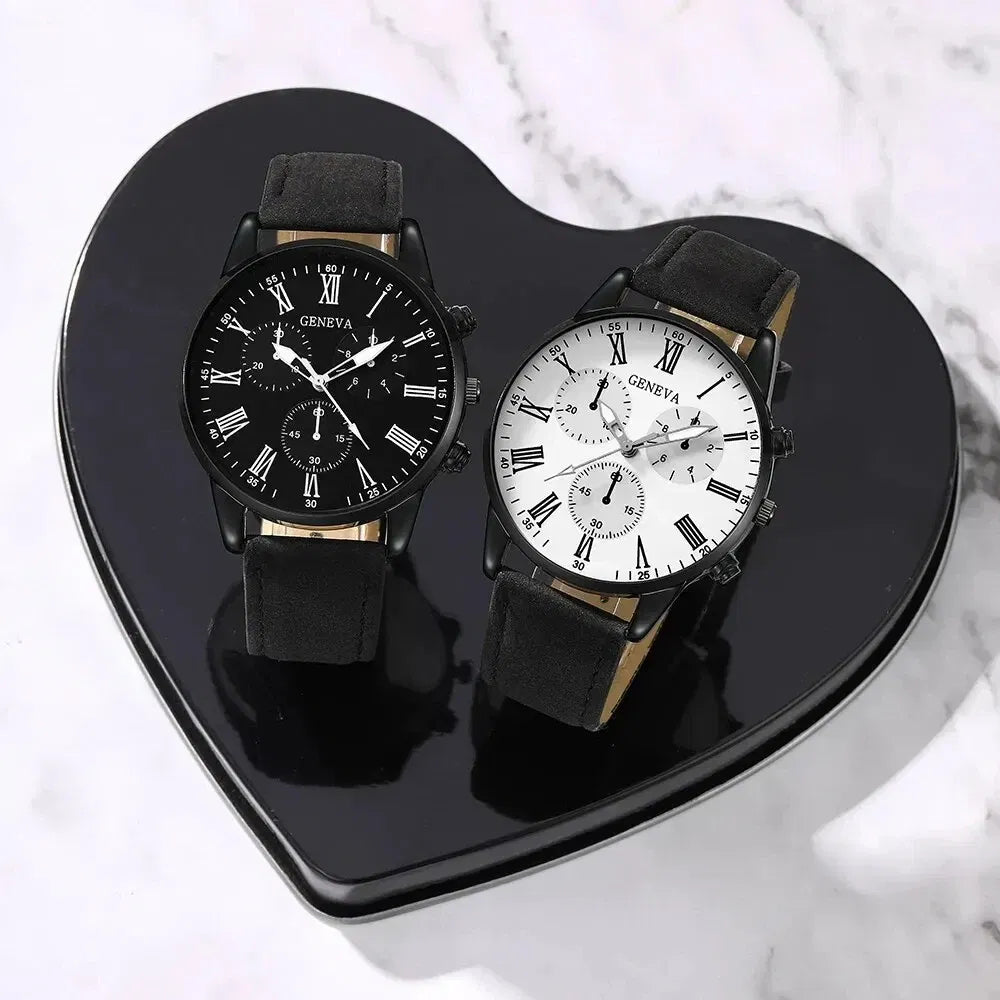 Color: Rose - 2PCS Set Couple Fashion Casual Leather Watches Ladies Simple Dial Quartz Wristwatches Dress Clock Montre Femme