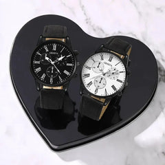 Color: Rose - 2PCS Set Couple Fashion Casual Leather Watches Ladies Simple Dial Quartz Wristwatches Dress Clock Montre Femme