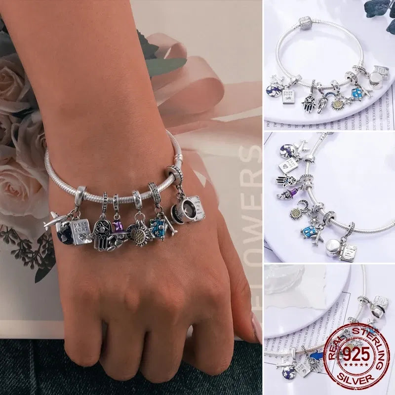 Gem Color: Black, Length: 20cm - Original 925 Sterling Silver Bracelet Star Heart Clasp Snake Chain Rose Gold DIY Beads Charms Bracelets For Women Luxury Jewelry