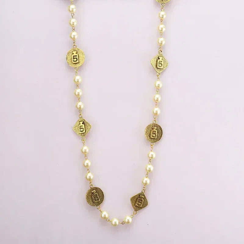 Metal color: Rhodium Plated - Vintage Chain Pearl Necklace earring for Women  Sweater Jewelry set