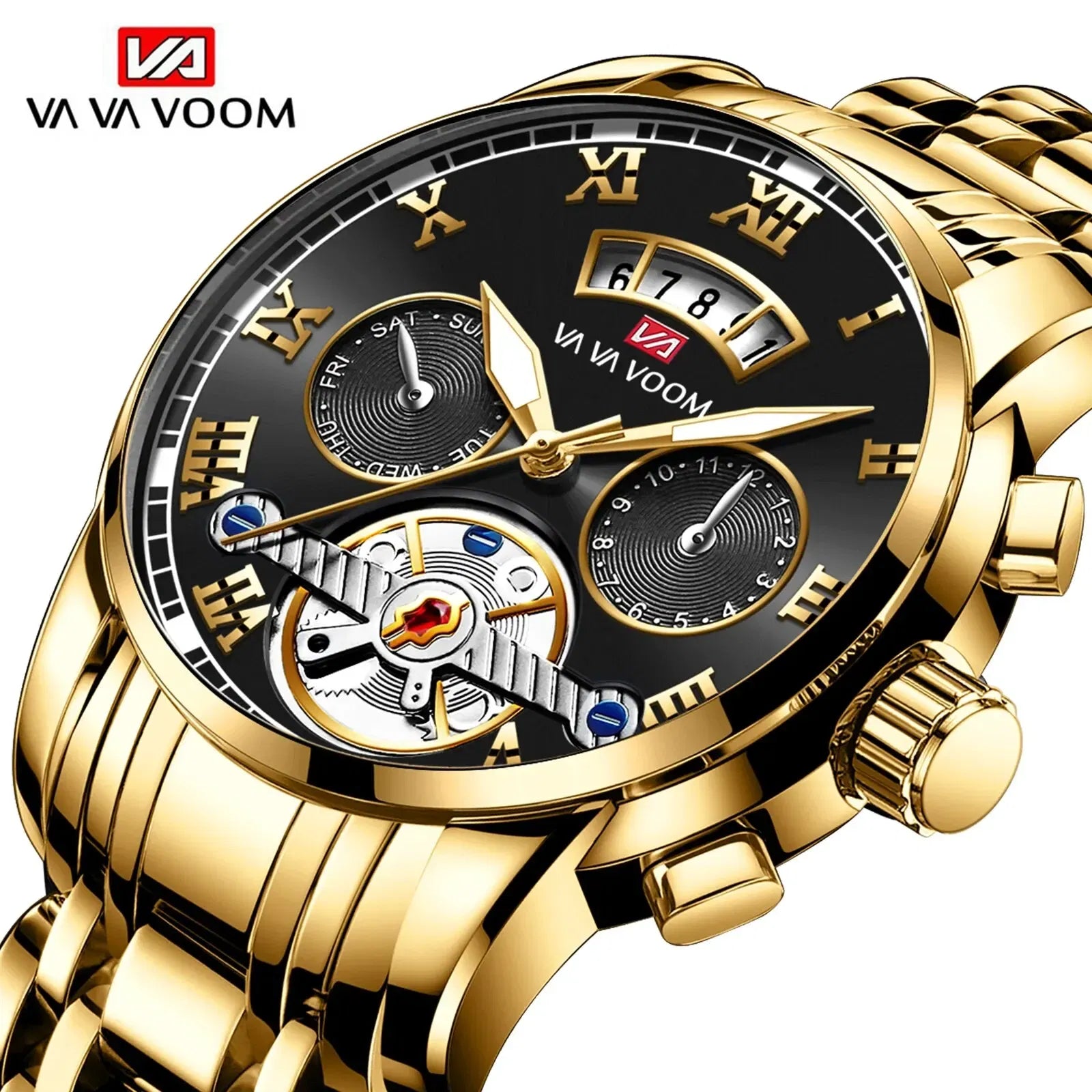 Gold wristwatch with a detailed face on a white background, featuring the brand 'VA VA VOOM'.