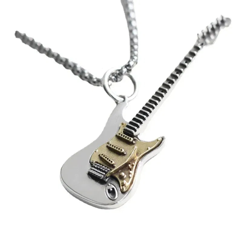 Metal Color: Rhodium Plated - Retro Punk Music Guitar Necklace for Men Personalized Gothic Pendant Fashion Hip Hop Rock Singer Jewelry Gift