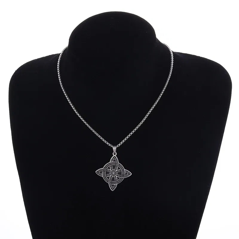 Metal Color: PURPLE - Stainless Steel Silver Color Pattern Witch Knot Pendant Necklace Celtic Knot Lucky Jewelry Gift for Friends Family