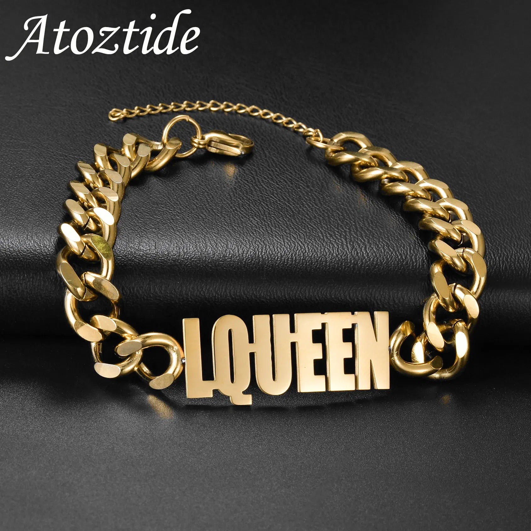 Metal Color: Steel color, Length: 17cm, Main Stone Color: Gold - Atoztide Personalized Custom Name Bracelet for Women Men Stainless Steel 10mm Cuban Chain Nameplate Handmade Bangle Jewelry Gift