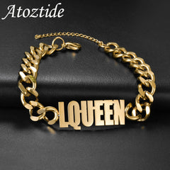 Metal Color: green, Length: 18.5cm, Main Stone Color: Orange - Atoztide Personalized Custom Name Bracelet for Women Men Stainless Steel 10mm Cuban Chain Nameplate Handmade Bangle Jewelry Gift