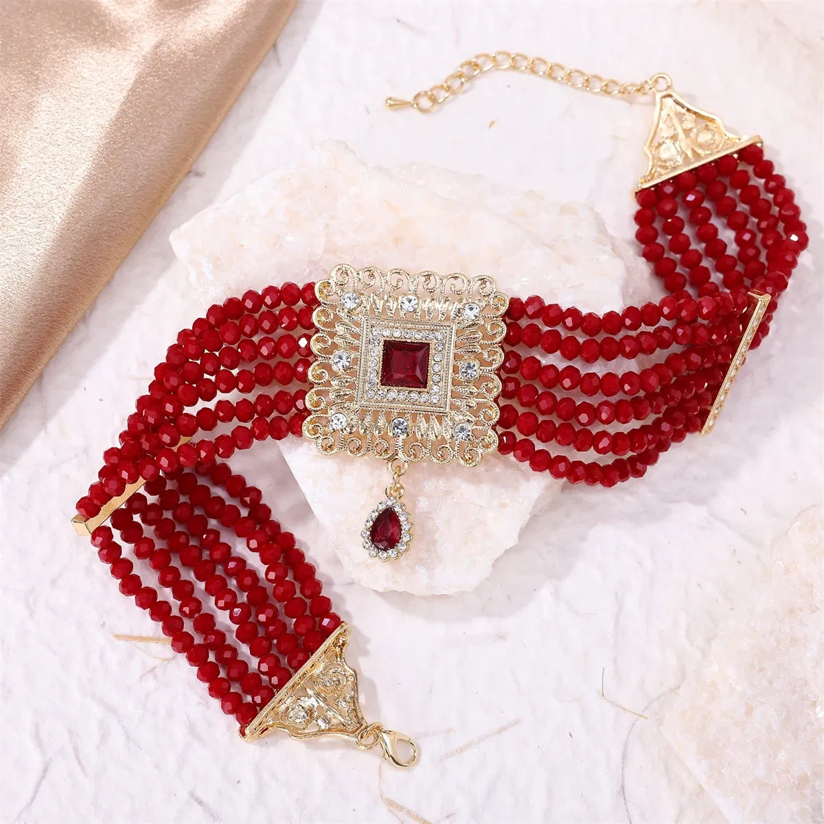 Metal color: Light Yellow Color - Hand Beaded Necklaces Water Drop Pendants Beaded Necklaces For Arab Brides