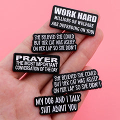 Metal color: SILVER PLATED - Funny Quotes Enamel Pin Black Brooch Pines Lapel Pins Letters Badge on Backpack Clothing Accessories Fashion Jewelry Gifts
