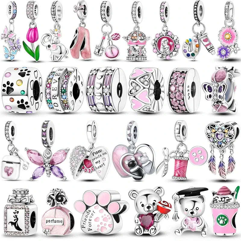 Color: GRAY - Pink Series Charms 925 Silver Perfume Butterfly Charm Beads Pendent Dangle Fit Original Pandora Charm Bracelet DIY Women Jewelr