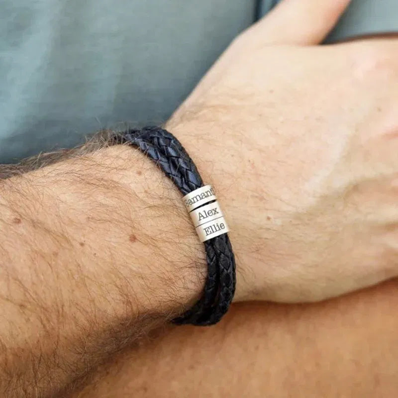 Metal Color: Rhodium Plated, Length: 19cm, Main Stone Color: green - Personalized Names Men Leather Bracelet Braided Leather Bracelet Custom Family Names Bracelet Personalized Men Bracelet Gift