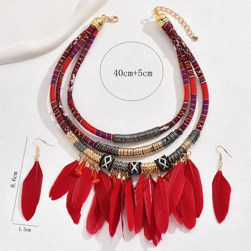 Metal color: Rhodium Plated - Fashion Vintage Ethnic Feather Choker Necklace Earrings Set For Women Multilayer Nekclace Earrings Jewelry Sets