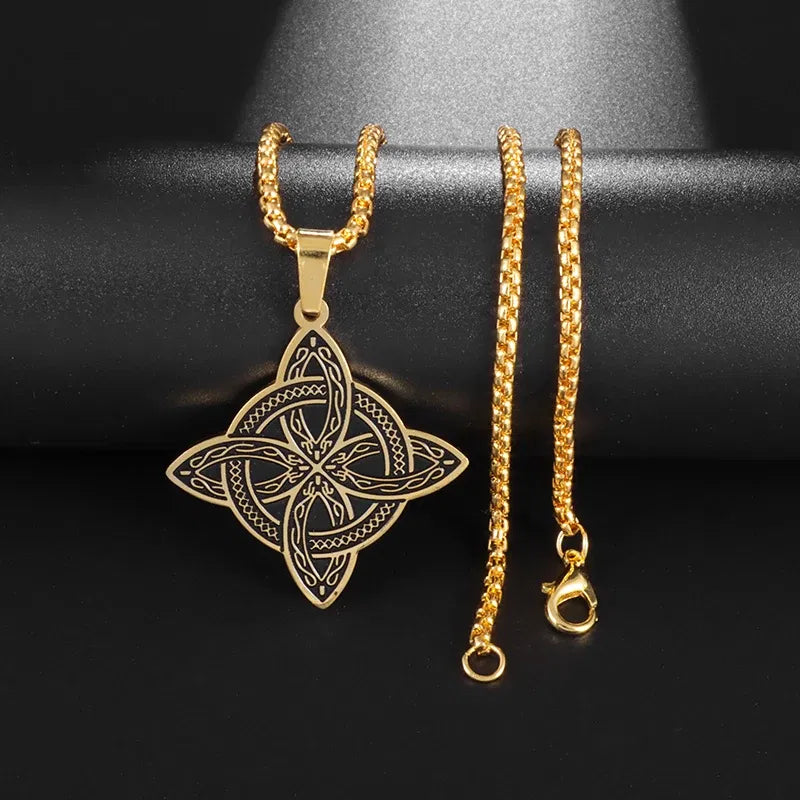 Metal Color: Dark Gold - Stainless Steel Silver Color Pattern Witch Knot Pendant Necklace Celtic Knot Lucky Jewelry Gift for Friends Family
