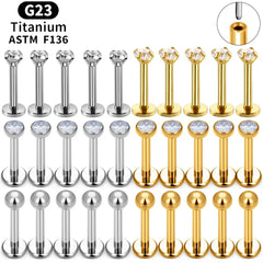 Metal color: Imitation Rhodium Plated, Ships From: CHINA, Main Stone Color: Multicolour - 10PCS ASTM F136 G23 Titanium Piercing Labret Lip Ring Stud Earring CZ Ear Tragus Cartilage Helix Daith Pierc Jewelry 16/18/20g