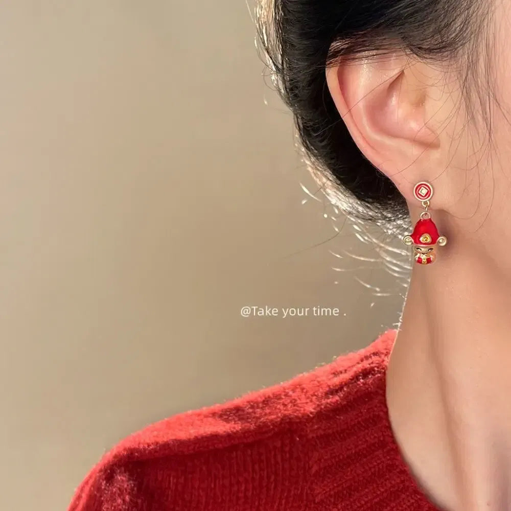 Metal Color: PALLADIUM - Chinese Style New Year Earrings Heart God of Wealth Snake Year Drop Earring Tassels Ear Decor 2025 Women Earrings Women