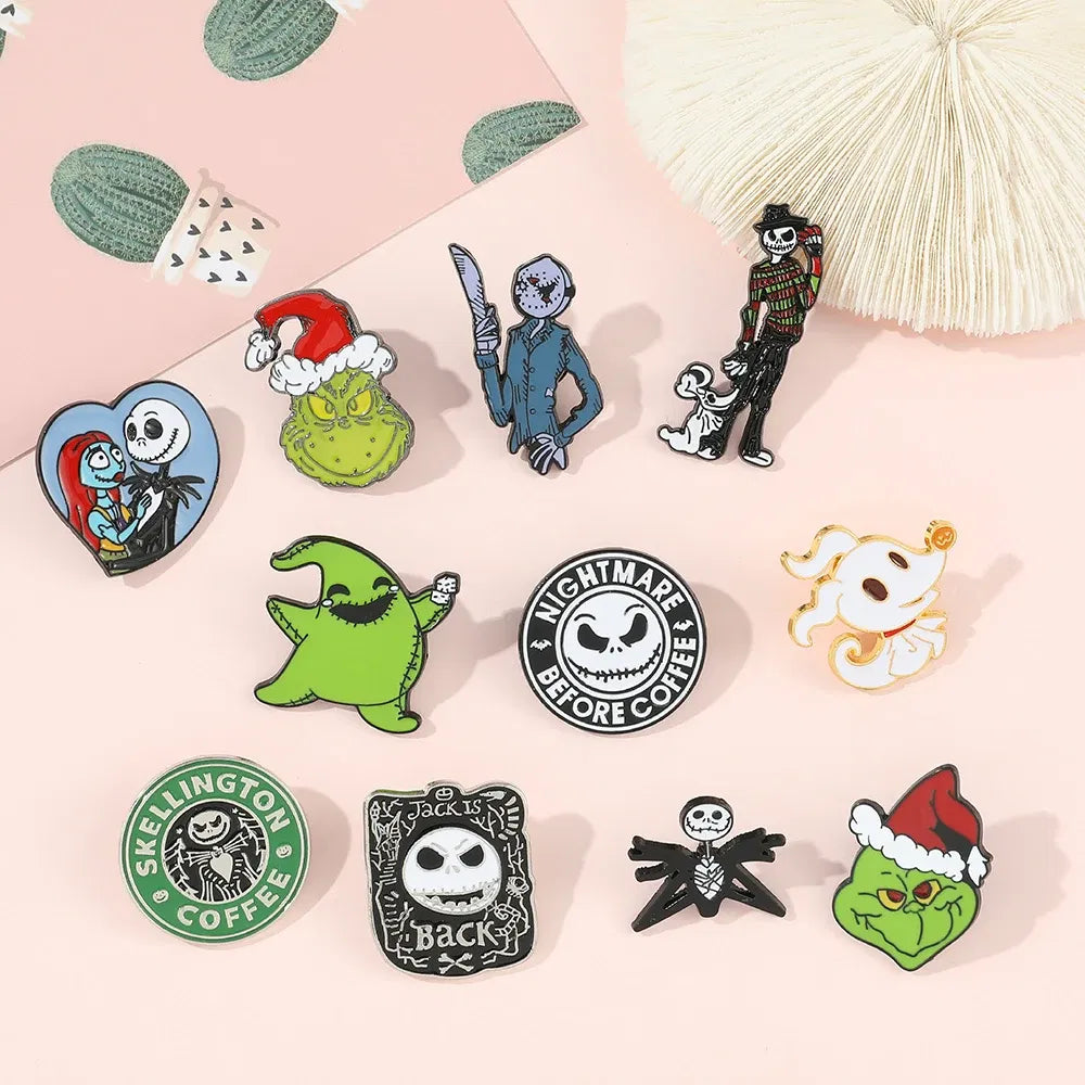 Collection of themed pins on a pink background