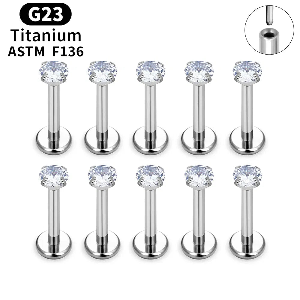 Metal color: Imitation Rhodium Plated, Ships From: CHINA, Main Stone Color: VIOLET - 10PCS ASTM F136 G23 Titanium Piercing Labret Lip Ring Stud Earring CZ Ear Tragus Cartilage Helix Daith Pierc Jewelry 16/18/20g