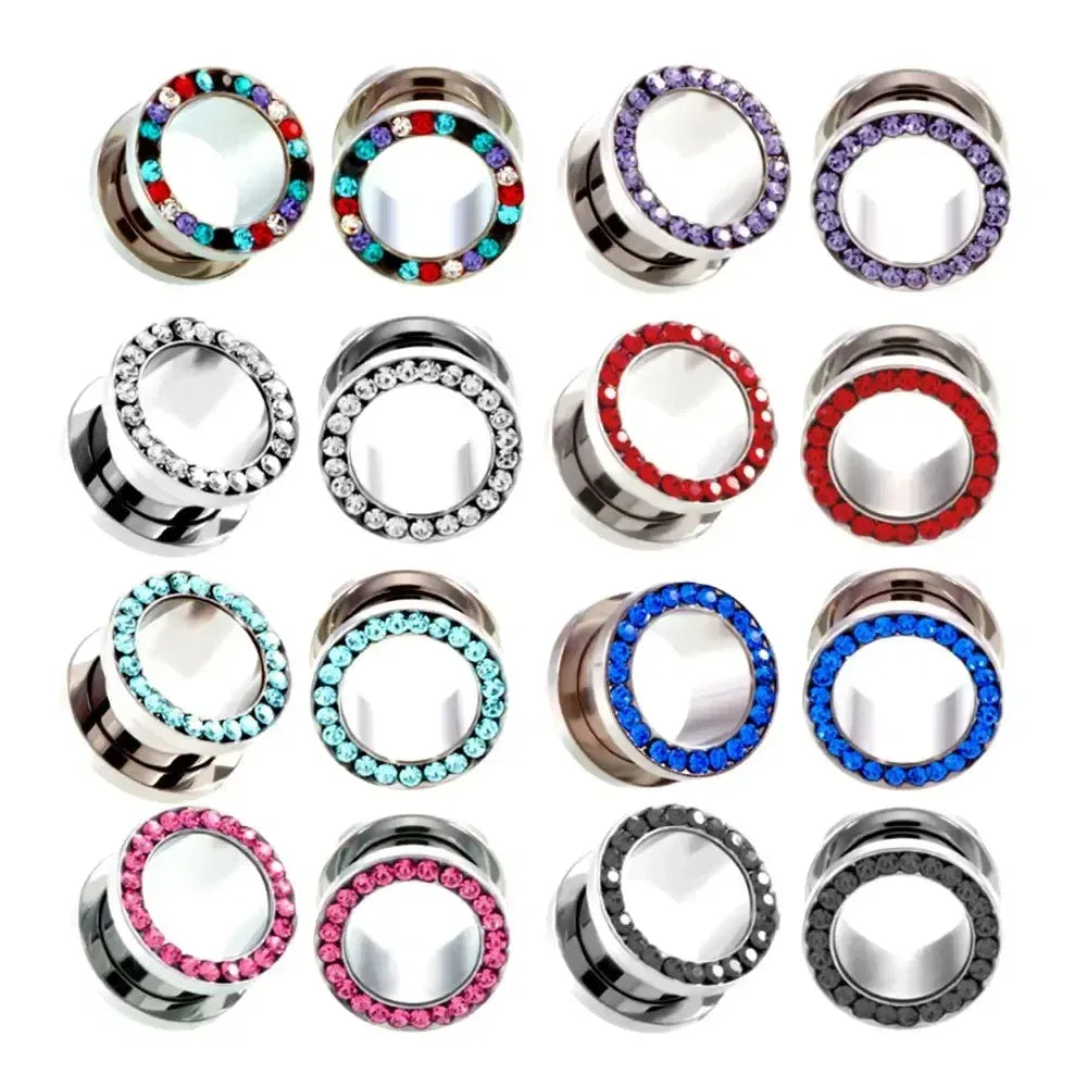 Metal color: Antique Bronze Plated, Main Stone Color: black - 2pc Steel Multicolour Crystal Ear Plug Flesh Tunnel 8g ( 3mm ) - 1" ( 25mm ) Gauge Expander Stretcher Screw Fit