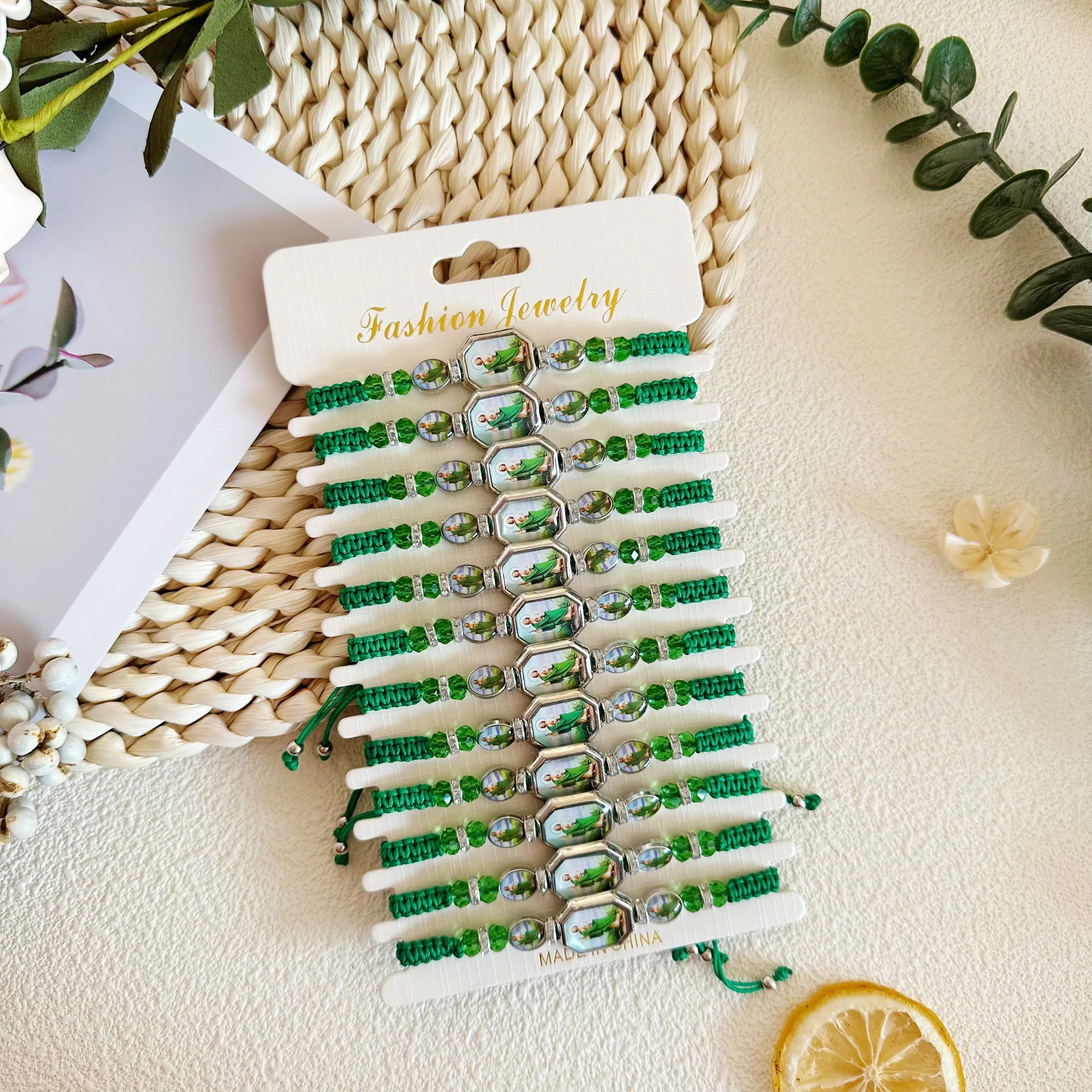 Metal Color: Vermeil - 12 Pieces Mexican Bracelets Saint Jude Bracelet Catholic Green Handmade String Bracelets San Judas Tadeo Rosary Bracelet Gift