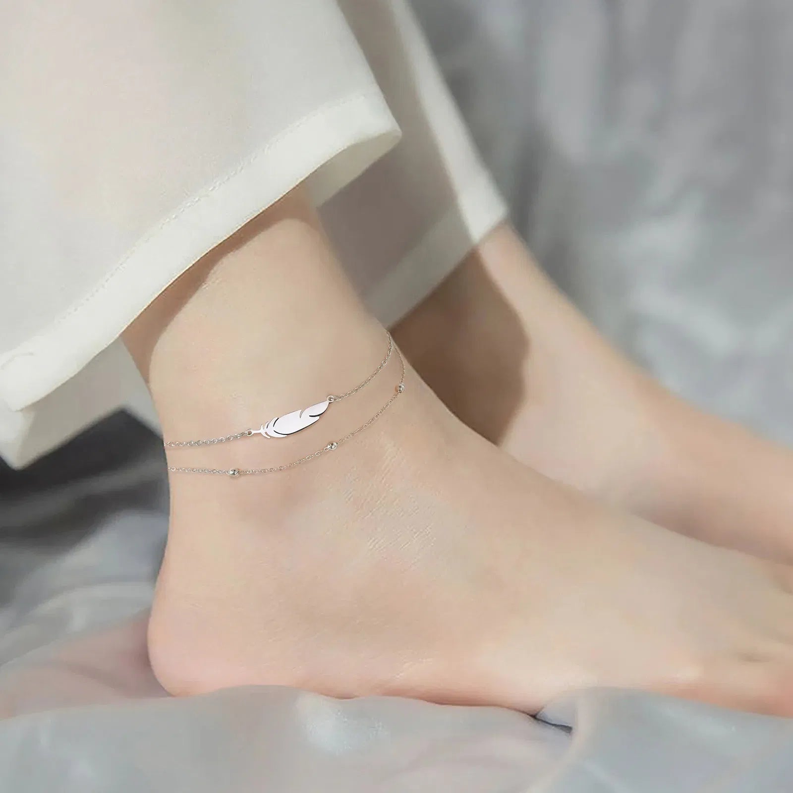 Metal Color: Titanium Plated - Kkjoy Ankles of Women Men Silver Color Feather Stainless Steel Double Foot Chain Beach Style Trendy Female Jewelry Accessories