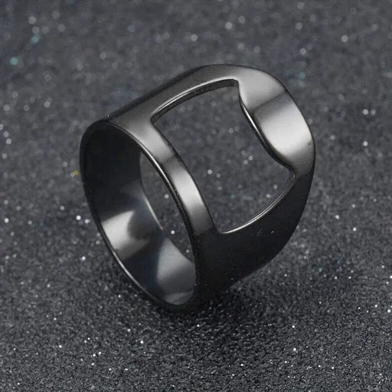 Main Stone Color: black, Ring Size: 9 - VIVILADY Titanium Stainless Steel Creative Bottle Opener Ring Jewelry For Unisex Punk Simple Fashion Party Bar Gift Wholesale