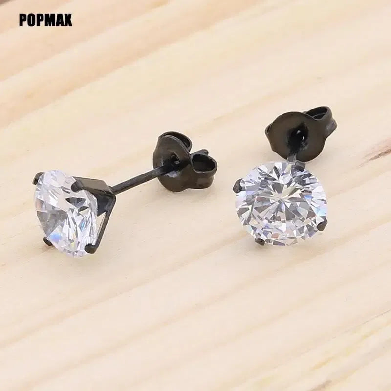 Metal Color: Gold-color, Main Stone Color: GRAY - POPMAX 1Pairs/2Pcs Stainless Steel Crystal Studs Earrings For Women Men 4 Prong Tragus Round Clear Cubic Zirconia Ear Jewelry