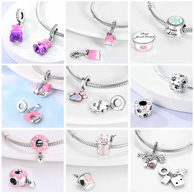 Color: GRAY - Pink Series Charms 925 Silver Perfume Butterfly Charm Beads Pendent Dangle Fit Original Pandora Charm Bracelet DIY Women Jewelr