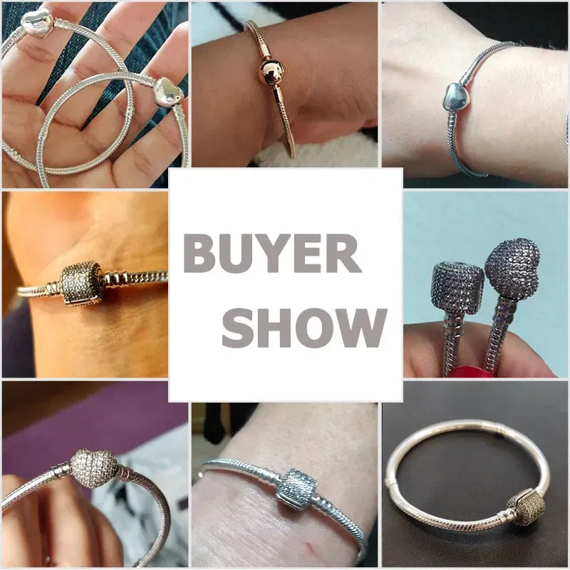 Gem Color: Clear, Length: 20cm - Original 925 Sterling Silver Bracelet Star Heart Clasp Snake Chain Rose Gold DIY Beads Charms Bracelets For Women Luxury Jewelry