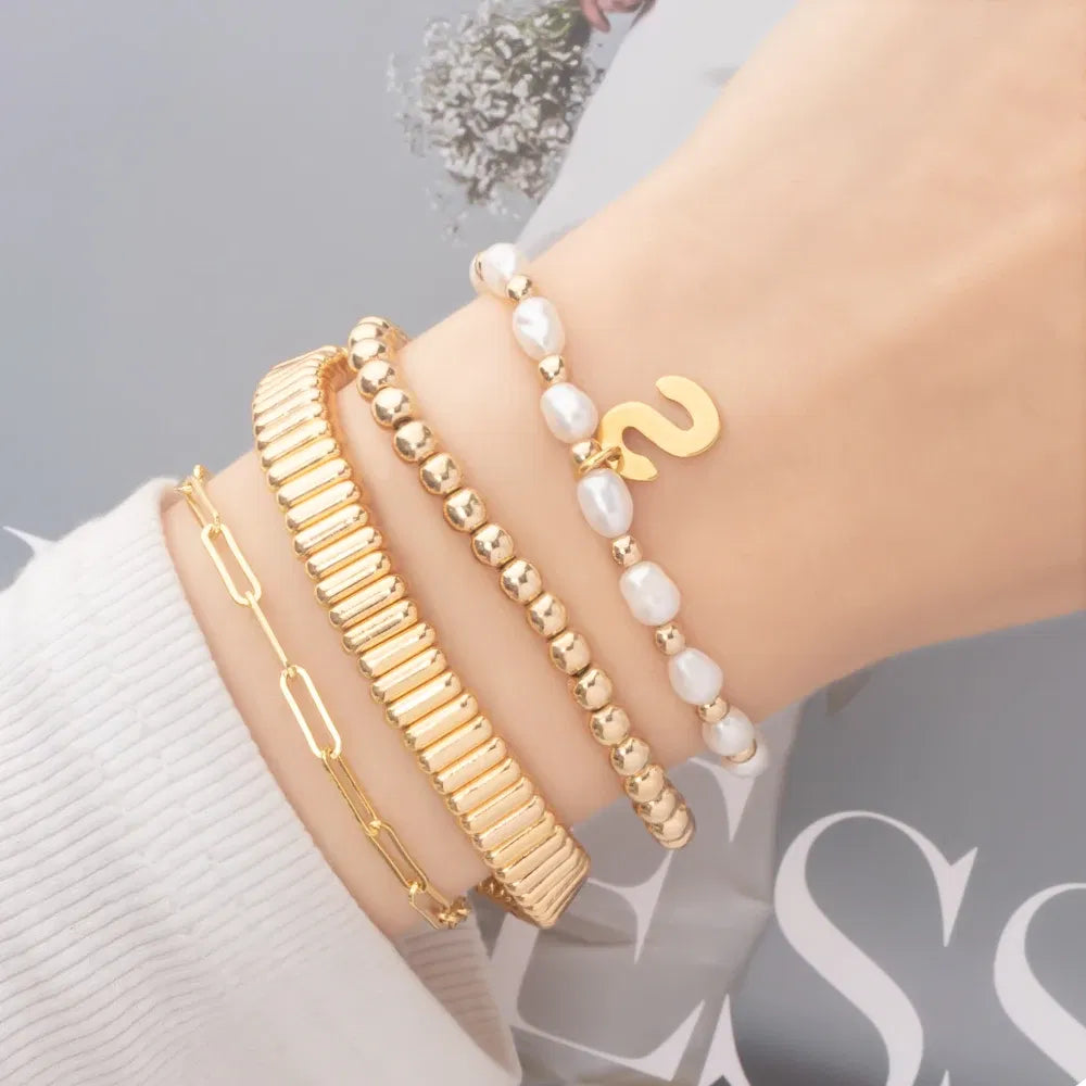 Metal Color: Hot Stamping, Ships From: CHINA - Wholesale Gold Silver Color Elastic Bracelets Handmade Letter Charms Bracelets For Women 2X8MM Beads Bracelets Bohemain Jewelry