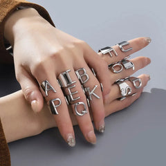 Metal Color: Blue Zinc Plated, Ring Size: resizable - LAViXMIA Alphabet A-Z Letter Never Fade Stainless Steel Rings Women Jewelry Fashion Initial Ring Adjustable Size Birthday Gifts