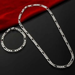 Gem Color: Green, Length: Other - 925 Sterling Silver 4MM 16-30 Inches Figaro Chain Bracelet Necklace For Man Woman Fashion Couple Christmas Gift Jewelry Set 2pcs