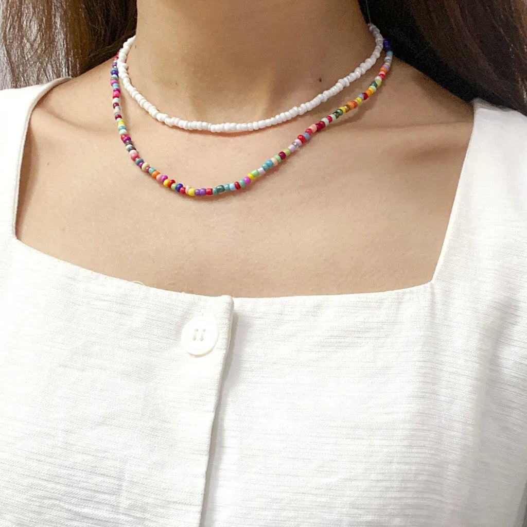 Metal Color: Rust Red - 2022 New Trend Colorful Rice Beads Necklace Bohemia Fashion Style Ladies Clavicle Chain Necklace Girls String Pearl Neck Jewelry